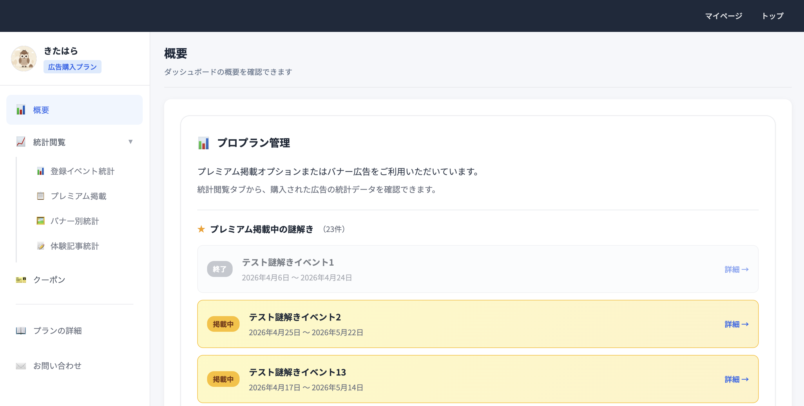 広告ダッシュボード画面の概要タブ。左サイドバーに各種タブが表示されている